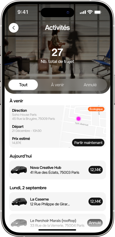 Aperçu de l'activité dans l'application passager Veety