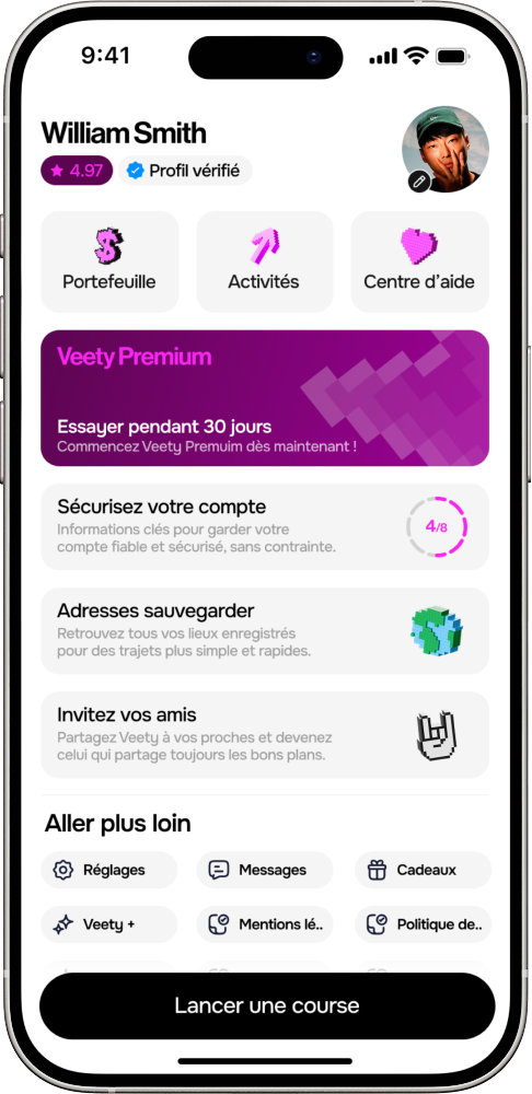 Aperçu du hub dans l'application passager Veety