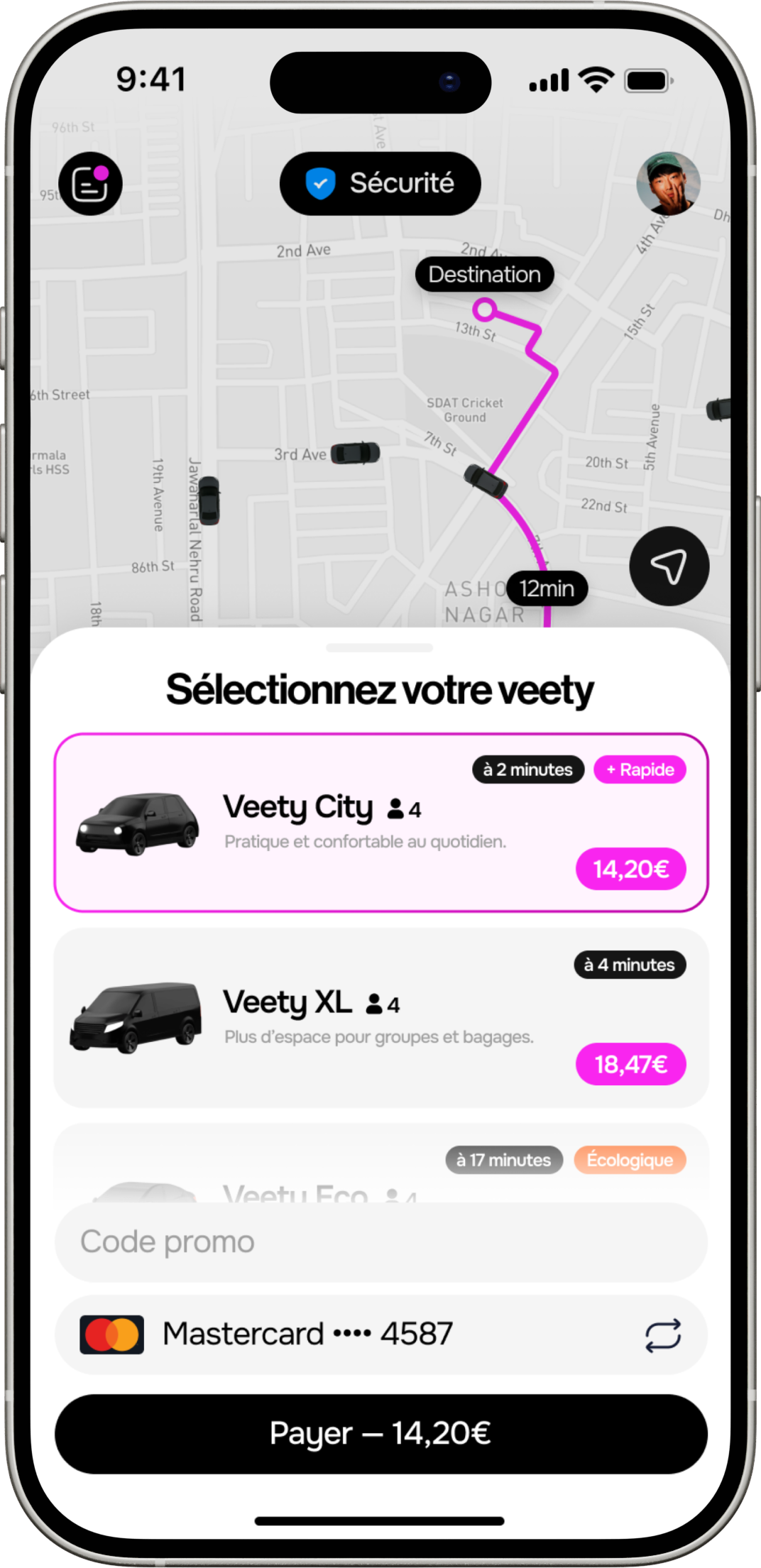 Aperçu de la réservation dans l'application passager Veety