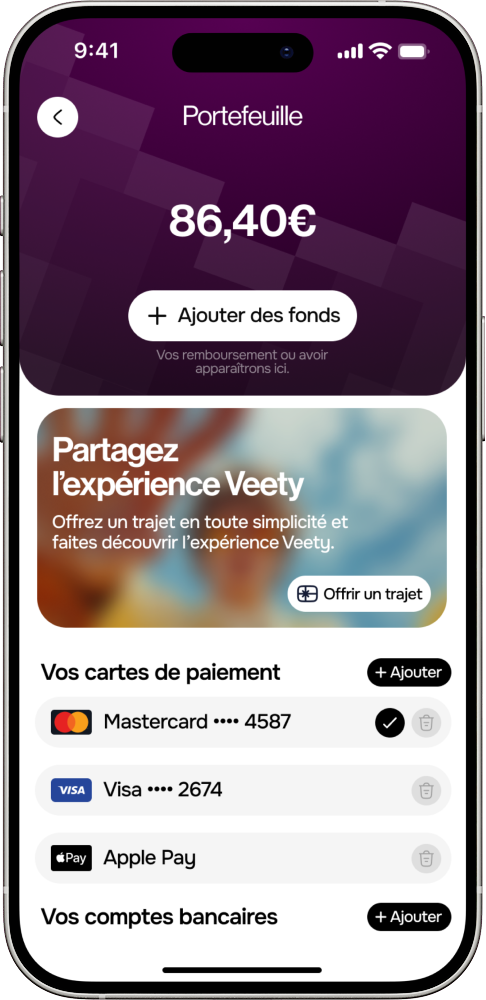 Aperçu du portefeuille dans l'application passager Veety